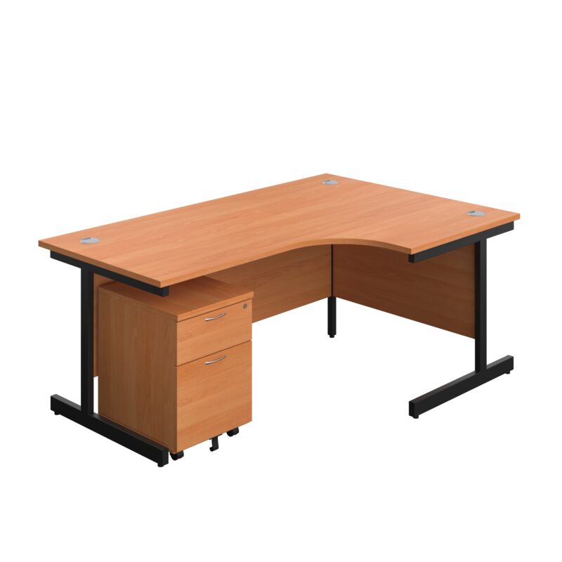 Single Upright Right Hand Radial Desk + Mobile 2 Drawer Pedestal | 1800 X 1200 | Beech/Black