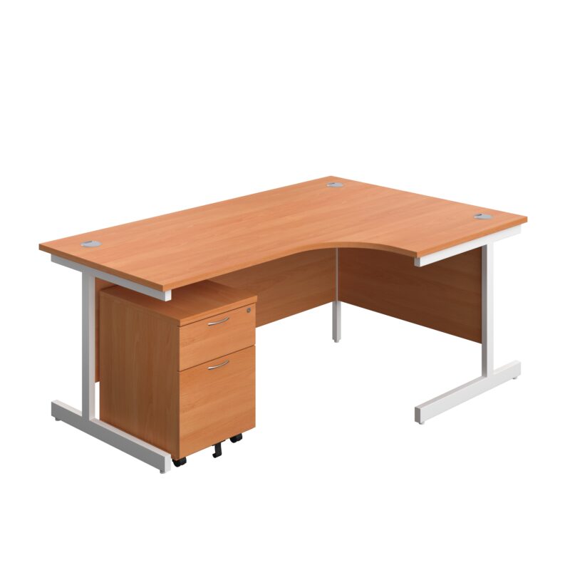 Single Upright Right Hand Radial Desk + Mobile 2 Drawer Pedestal | 1800 X 1200 | Beech/White