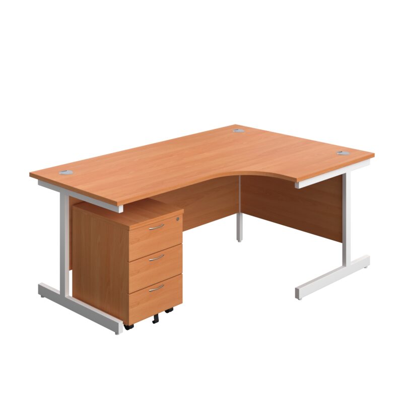 Single Upright Right Hand Radial Desk + Mobile 3 Drawer Pedestal | 1800 X 1200 | Beech/White