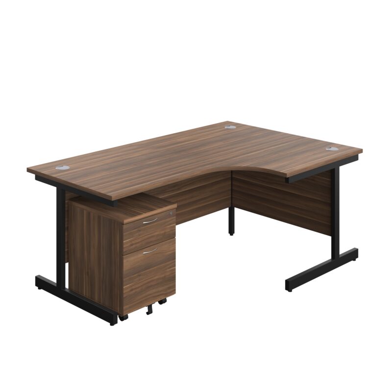 Single Upright Right Hand Radial Desk + Mobile 2 Drawer Pedestal | 1800 X 1200 | Dark Walnut/Black