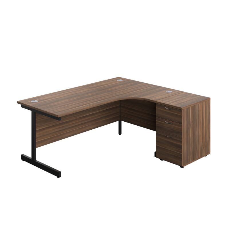 Single Upright Right Hand Radial Desk + Desk High 3 Drawer Pedestal | 1800 X 1200 | 600mm Deep Pedestal | Dark Walnut/Black