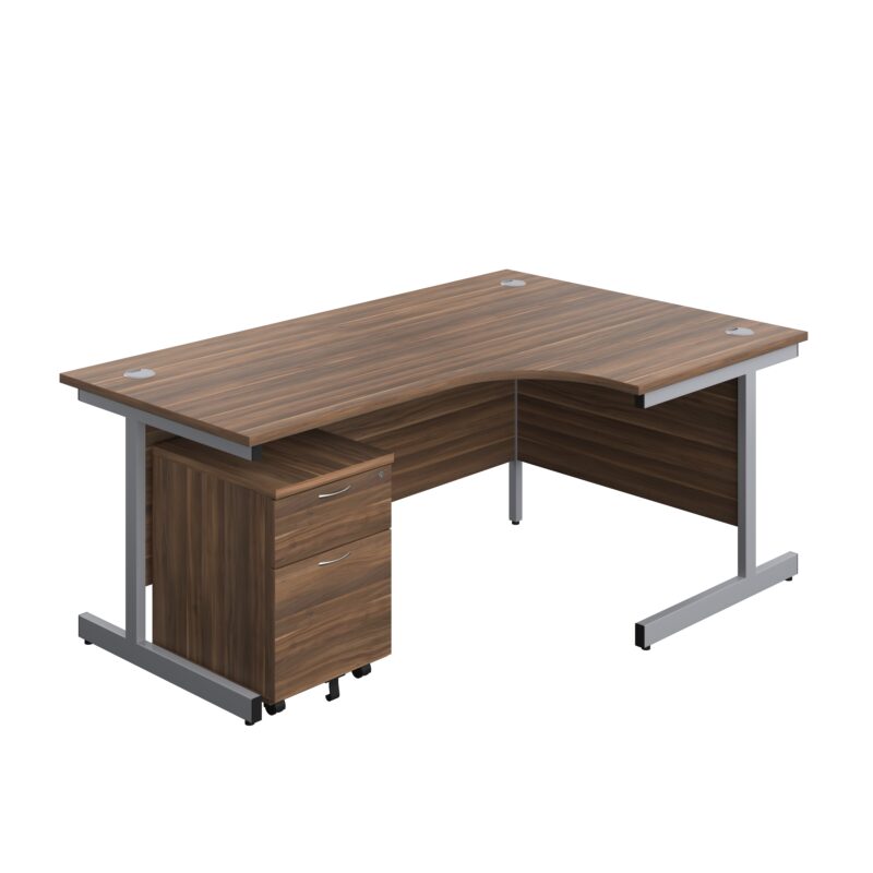 Single Upright Right Hand Radial Desk + Mobile 2 Drawer Pedestal | 1800 X 1200 | Dark Walnut/Silver