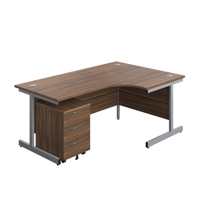 Single Upright Right Hand Radial Desk + Mobile 3 Drawer Pedestal | 1800 X 1200 | Dark Walnut/Silver