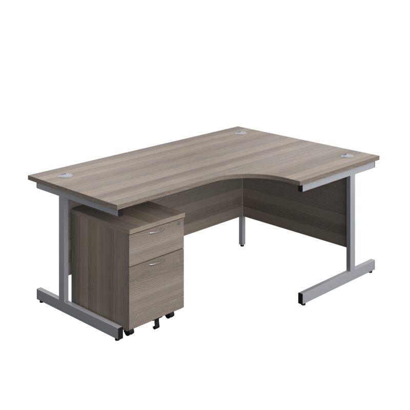 Single Upright Right Hand Radial Desk + Mobile 2 Drawer Pedestal | 1800 X 1200 | Grey Oak/Silver