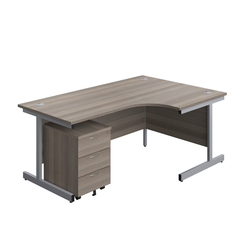 Single Upright Right Hand Radial Desk + Mobile 3 Drawer Pedestal | 1800 X 1200 | Grey Oak/Silver