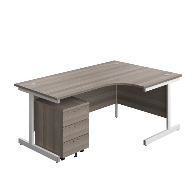 Single Upright Right Hand Radial Desk + Mobile 3 Drawer Pedestal | 1800 X 1200 | Grey Oak/White