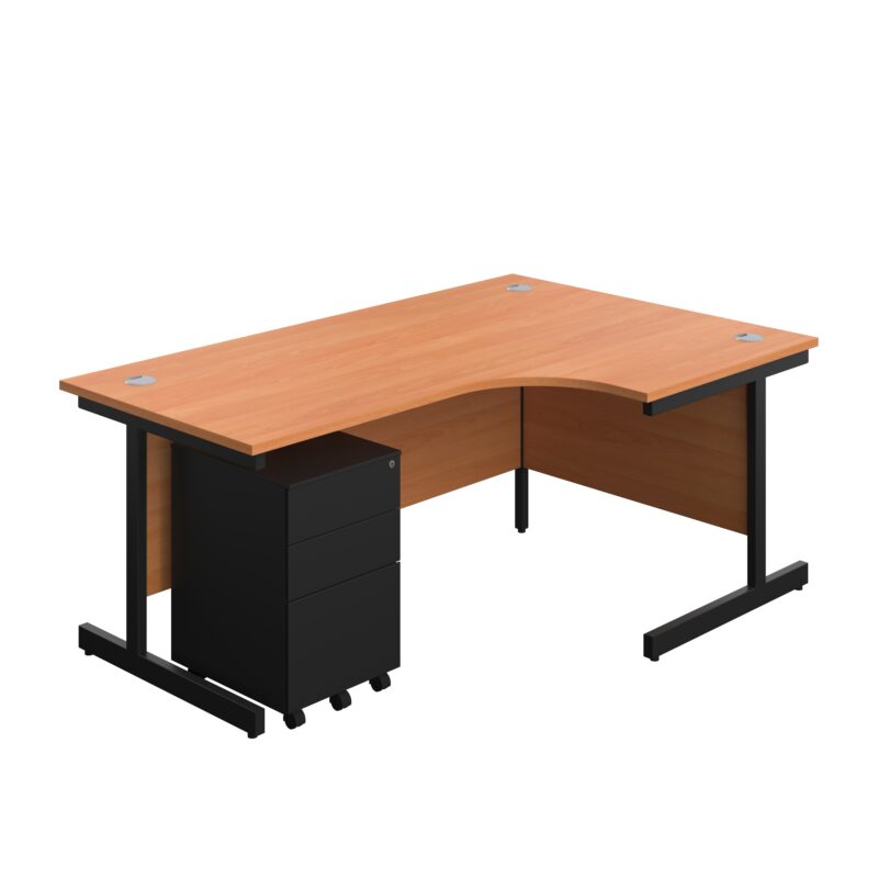 Single Upright Right Hand Radial Desk + Under Desk Steel Pedestal 3 Drawers | 1800 X 1200 | Beech/Black