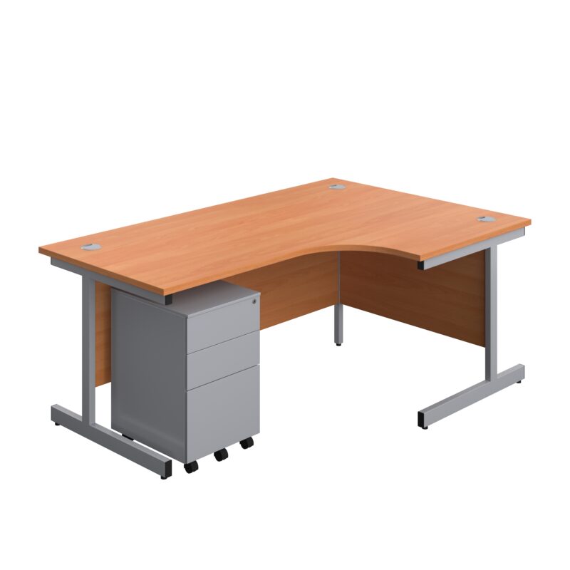 Single Upright Right Hand Radial Desk + Under Desk Steel Pedestal 3 Drawers | 1800 X 1200 | Beech/Silver