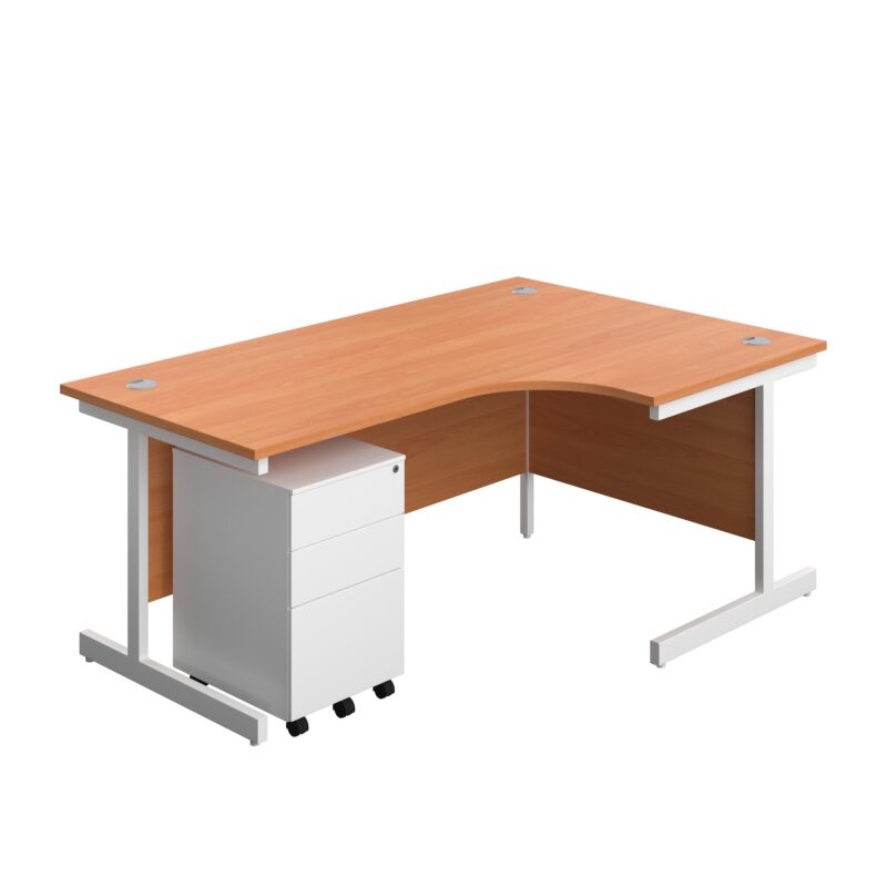 Single Upright Right Hand Radial Desk + Under Desk Steel Pedestal 3 Drawers | 1800 X 1200 | Beech/White