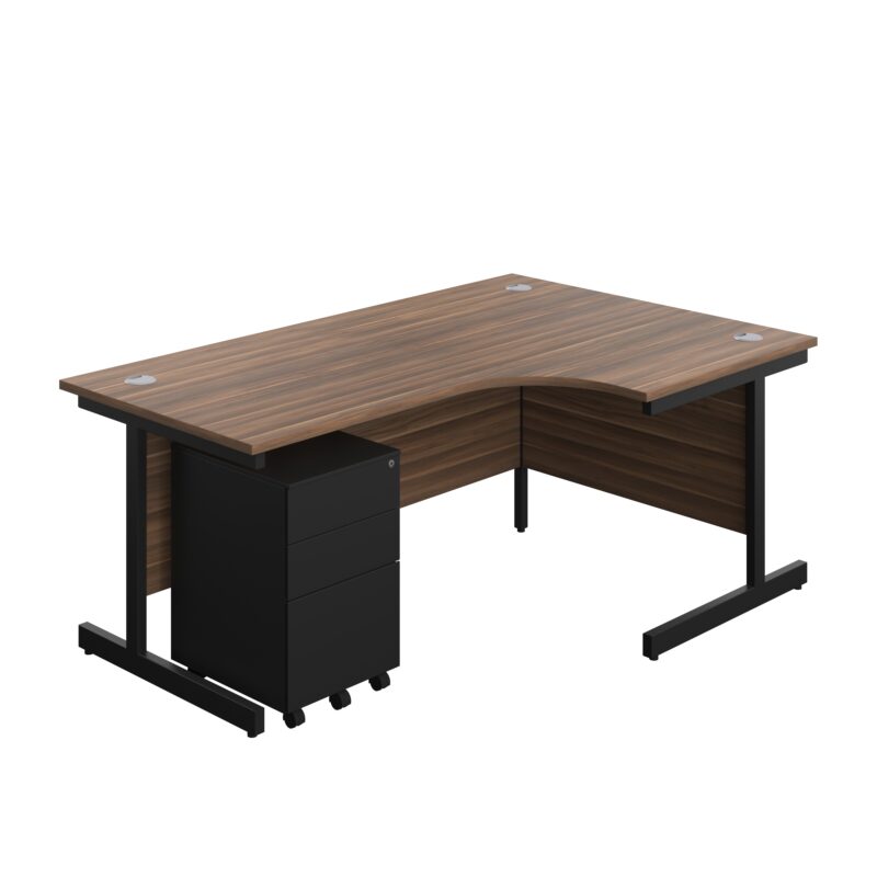 Single Upright Right Hand Radial Desk + Under Desk Steel Pedestal 3 Drawers | 1800 X 1200 | Dark Walnut/Black