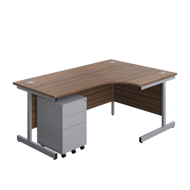 Single Upright Right Hand Radial Desk + Under Desk Steel Pedestal 3 Drawers | 1800 X 1200 | Dark Walnut/Silver