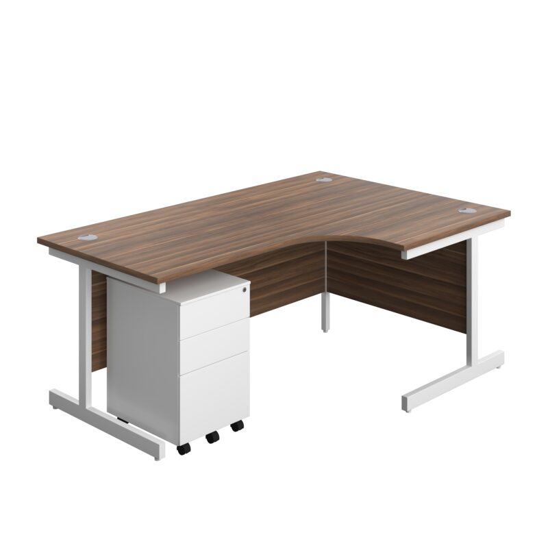 Single Upright Right Hand Radial Desk + Under Desk Steel Pedestal 3 Drawers | 1800 X 1200 | Dark Walnut/White