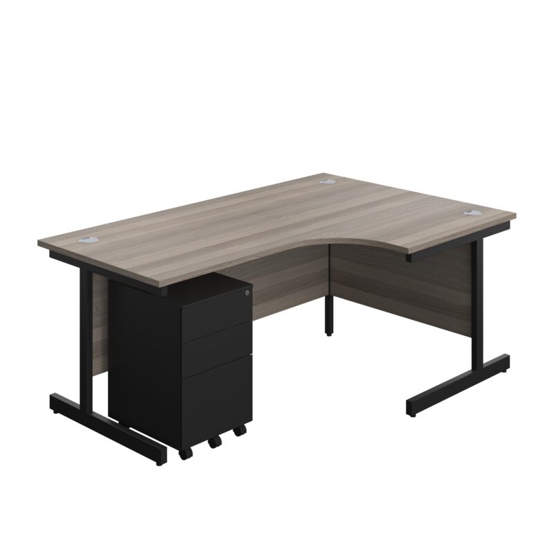 Single Upright Right Hand Radial Desk + Under Desk Steel Pedestal 3 Drawers | 1800 X 1200 | Grey Oak/Black