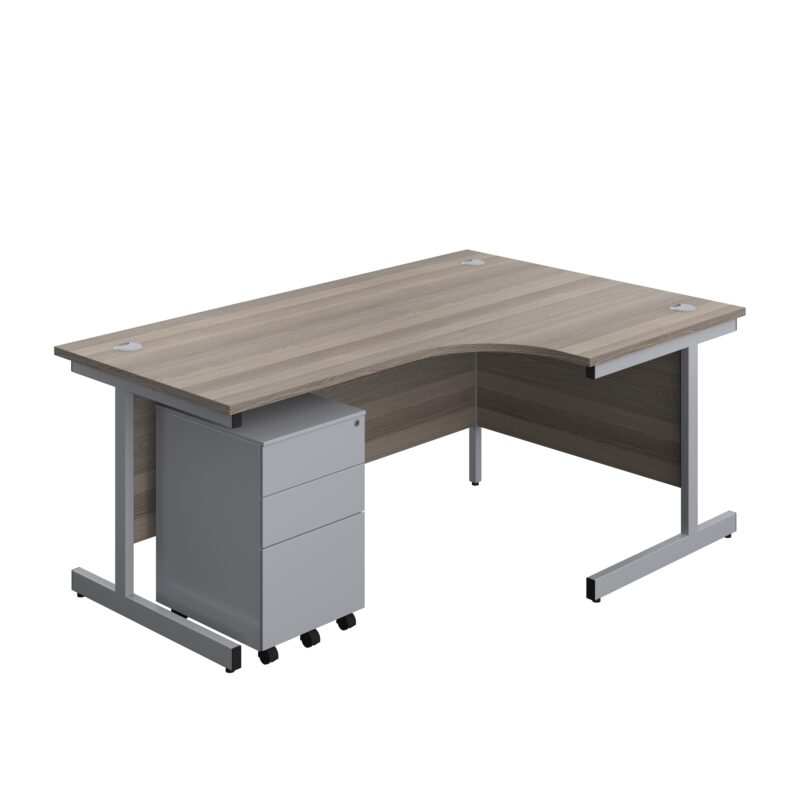 Single Upright Right Hand Radial Desk + Under Desk Steel Pedestal 3 Drawers | 1800 X 1200 | Grey Oak/Silver