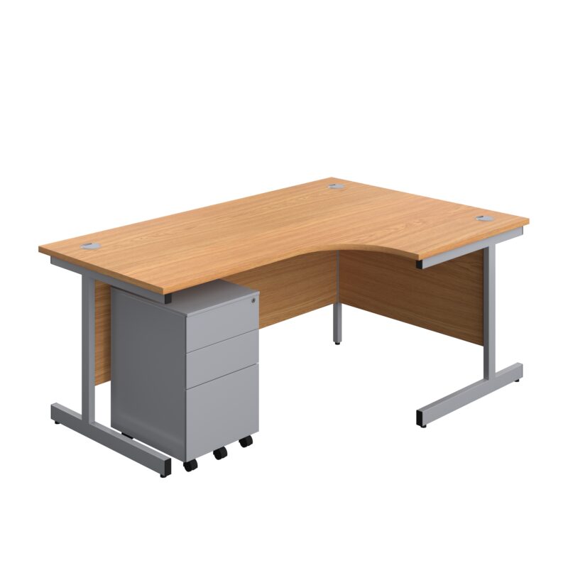 Single Upright Right Hand Radial Desk + Under Desk Steel Pedestal 3 Drawers | 1800 X 1200 | Nova Oak/Silver