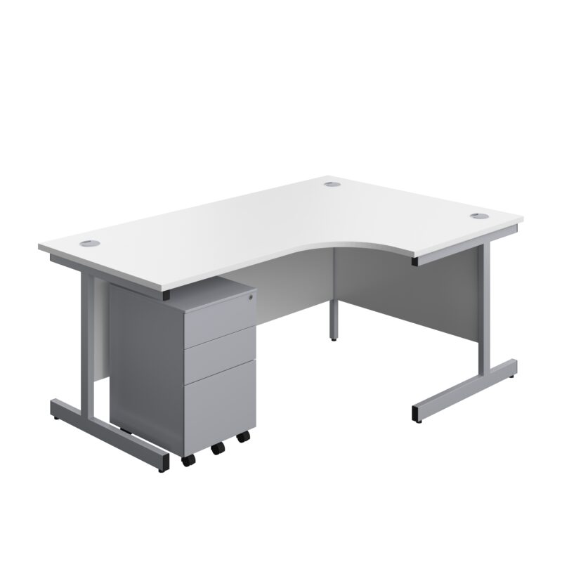 Single Upright Right Hand Radial Desk + Under Desk Steel Pedestal 3 Drawers | 1800 X 1200 | White/Silver