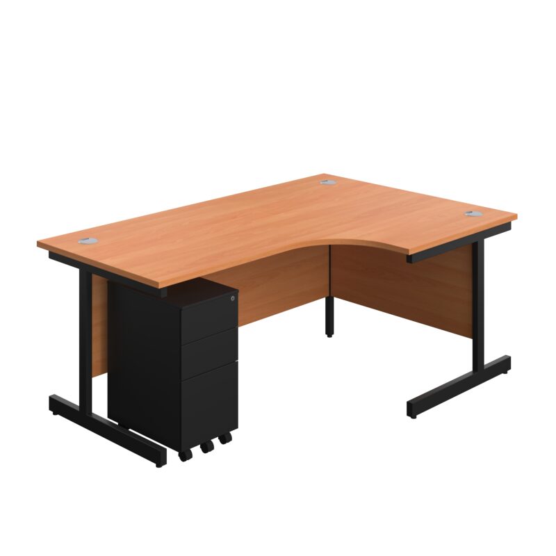 Single Upright Right Hand Radial Desk + Slimline Steel Pedestal 3 Drawers | 1800 X 1200 | Beech/Black