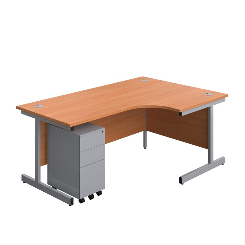 Single Upright Right Hand Radial Desk + Slimline Steel Pedestal 3 Drawers | 1800 X 1200 | Beech/Silver