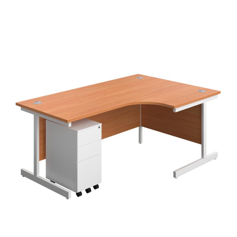 Single Upright Right Hand Radial Desk + Slimline Steel Pedestal 3 Drawers | 1800 X 1200 | Beech/White