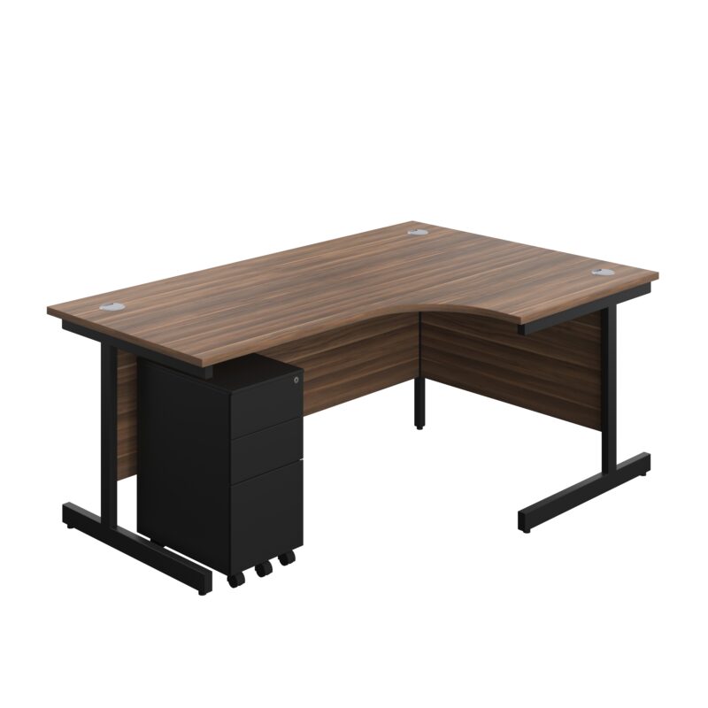 Single Upright Right Hand Radial Desk + Slimline Steel Pedestal 3 Drawers | 1800 X 1200 | Dark Walnut/Black