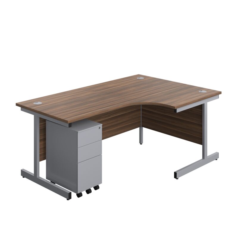 Single Upright Right Hand Radial Desk + Slimline Steel Pedestal 3 Drawers | 1800 X 1200 | Dark Walnut/Silver