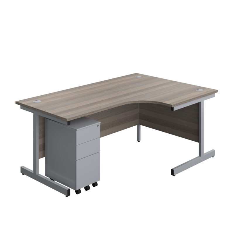 Single Upright Right Hand Radial Desk + Slimline Steel Pedestal 3 Drawers | 1800 X 1200 | Grey Oak/Silver