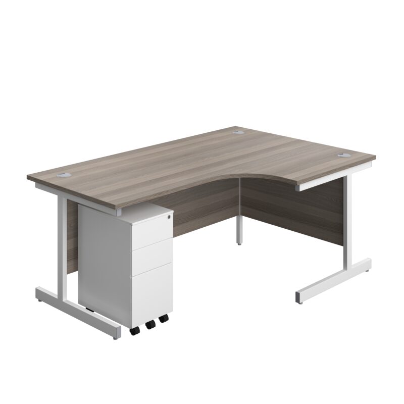 Single Upright Right Hand Radial Desk + Slimline Steel Pedestal 3 Drawers | 1800 X 1200 | Grey Oak/White