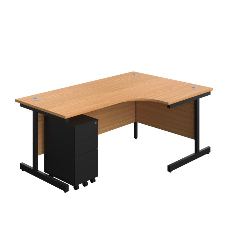 Single Upright Right Hand Radial Desk + Slimline Steel Pedestal 3 Drawers | 1800 X 1200 | Nova Oak/Black