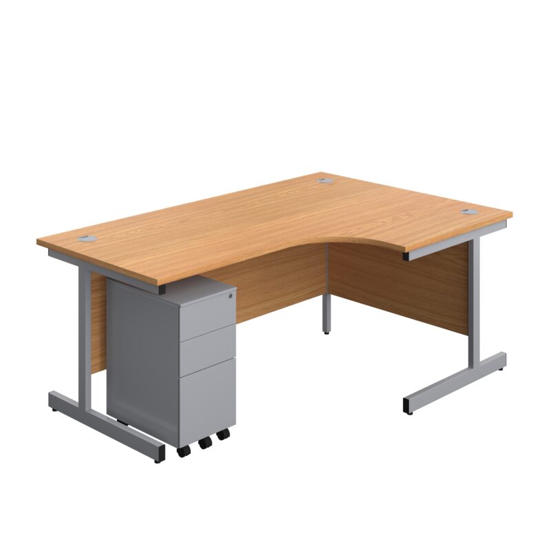 Single Upright Right Hand Radial Desk + Slimline Steel Pedestal 3 Drawers | 1800 X 1200 | Nova Oak/Silver