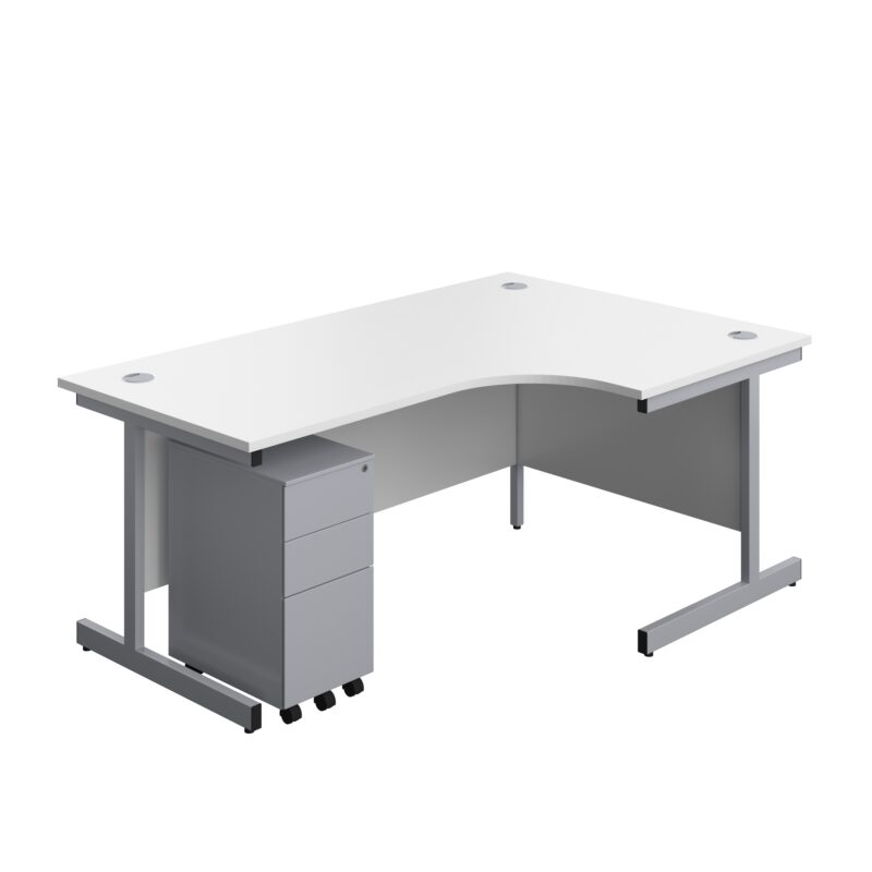 Single Upright Right Hand Radial Desk + Slimline Steel Pedestal 3 Drawers | 1800 X 1200 | White/Silver