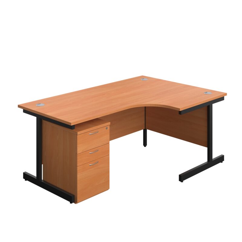 Single Upright Right Hand Radial Desk + High Mobile Pedestal 3 Drawer | 1800 X 1200 | Beech/Black