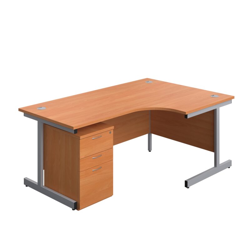 Single Upright Right Hand Radial Desk + High Mobile Pedestal 3 Drawer | 1800 X 1200 | Beech/Silver