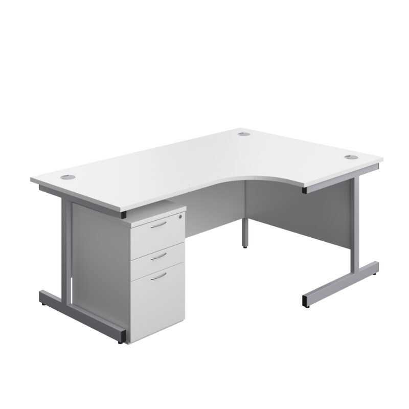 Single Upright Right Hand Radial Desk + High Mobile Pedestal 3 Drawer | 1800 X 1200 | White/Silver