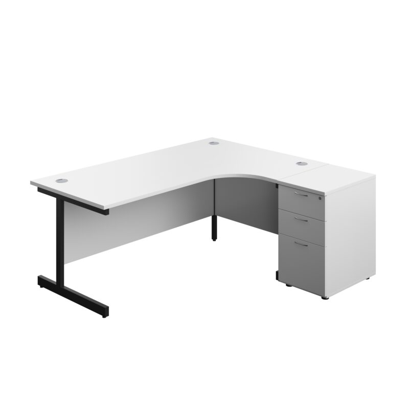 Single Upright Right Hand Radial Desk + Desk High 3 Drawer Pedestal | 1800 X 1200 | 600mm Deep Pedestal | White/Black