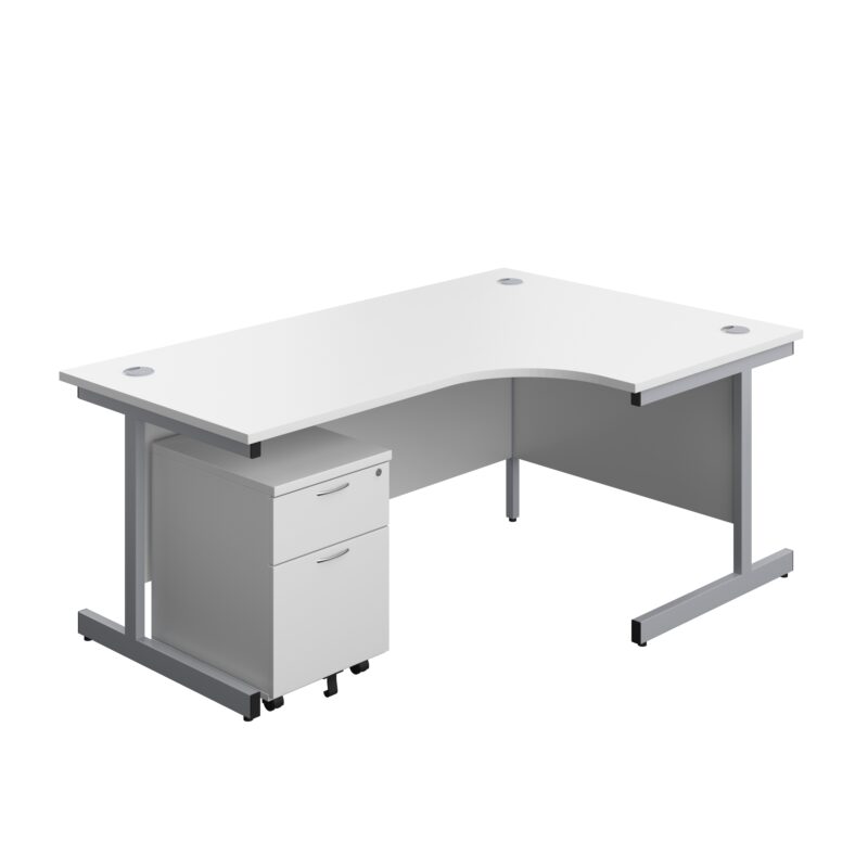 Single Upright Right Hand Radial Desk + Mobile 2 Drawer Pedestal | 1800 X 1200 | White/Silver