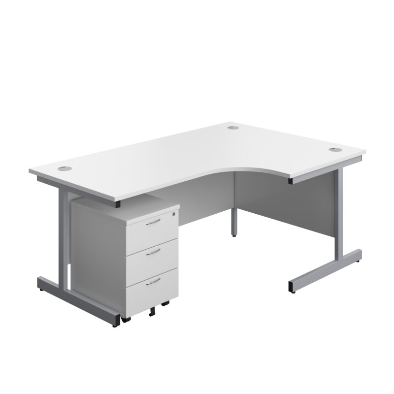 Single Upright Right Hand Radial Desk + Mobile 3 Drawer Pedestal | 1800 X 1200 | White/Silver