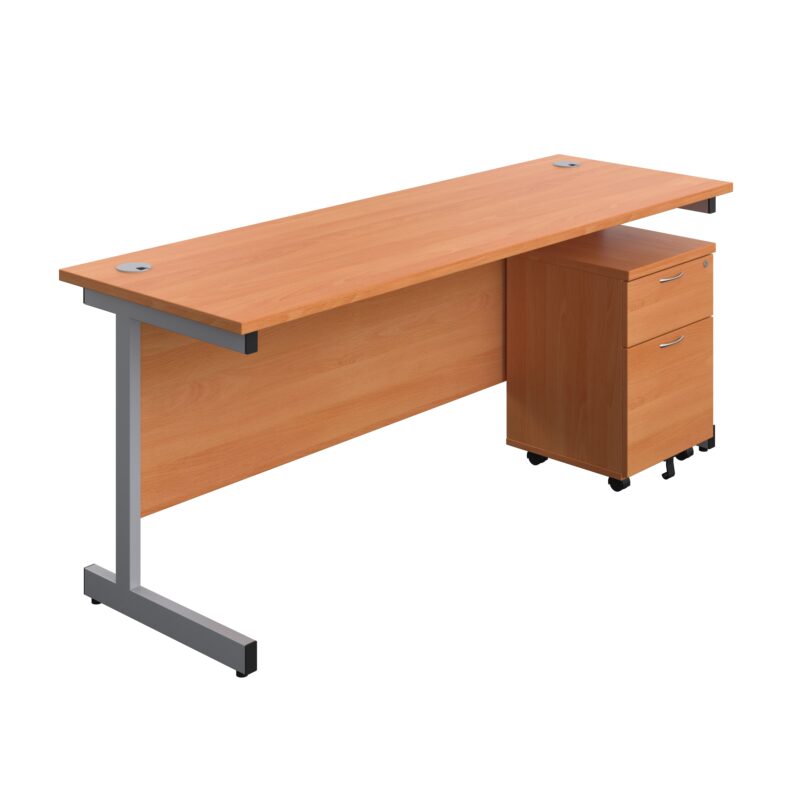 Single Upright Rectangular Desk + Mobile 2 Drawer Pedestal | 1800 X 600 | Beech/Silver