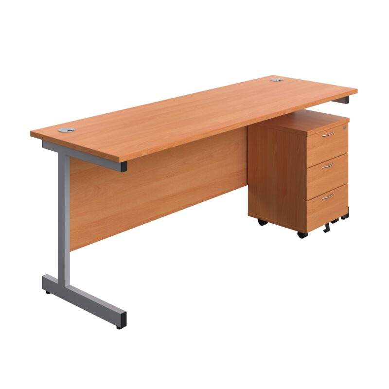 Single Upright Rectangular Desk + Mobile 3 Drawer Pedestal | 1800 X 600 | Beech/Silver