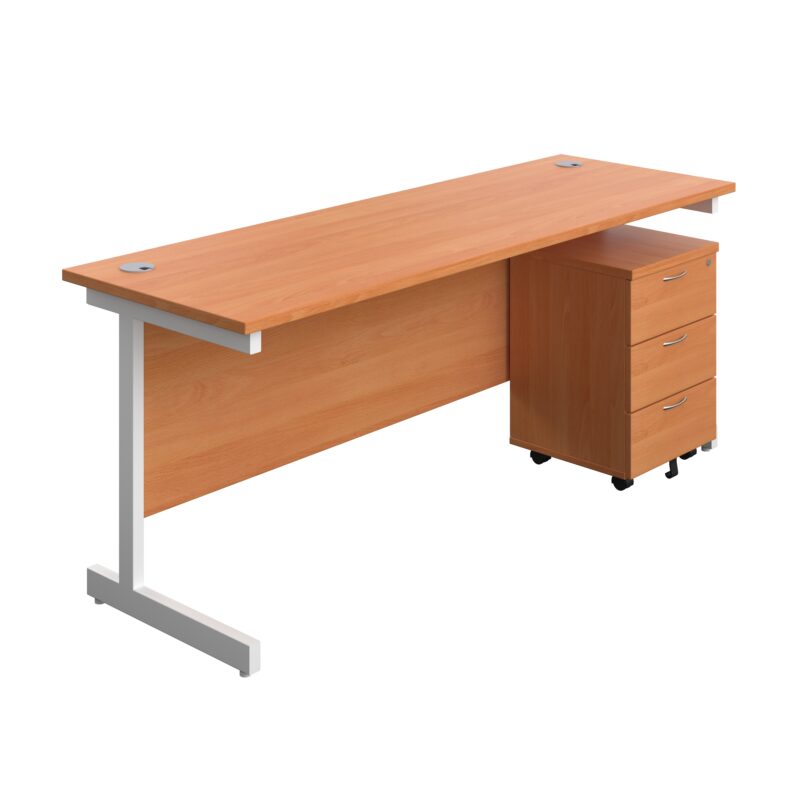 Single Upright Rectangular Desk + Mobile 3 Drawer Pedestal | 1800 X 600 | Beech/White