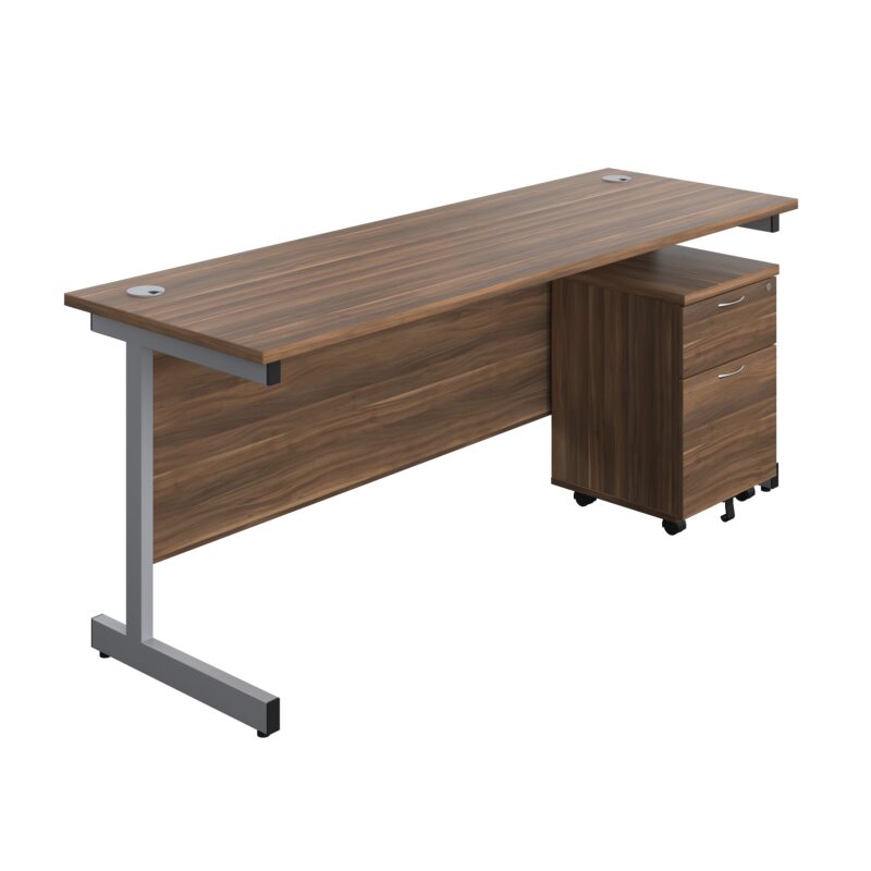 Single Upright Rectangular Desk + Mobile 2 Drawer Pedestal | 1800 X 600 | Dark Walnut/Silver