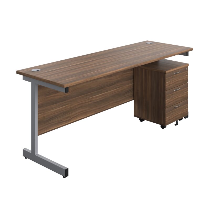 Single Upright Rectangular Desk + Mobile 3 Drawer Pedestal | 1800 X 600 | Dark Walnut/Silver