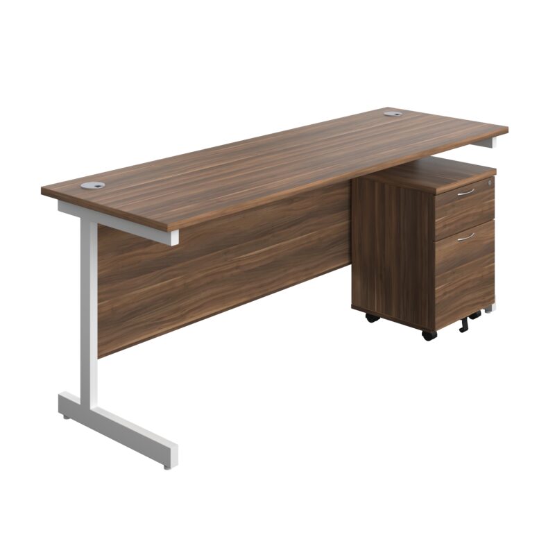 Single Upright Rectangular Desk + Mobile 2 Drawer Pedestal | 1800 X 600 | Dark Walnut/White