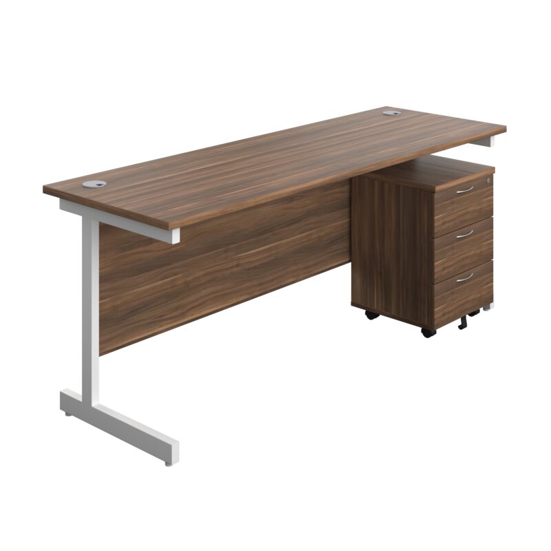 Single Upright Rectangular Desk + Mobile 3 Drawer Pedestal | 1800 X 600 | Dark Walnut/White