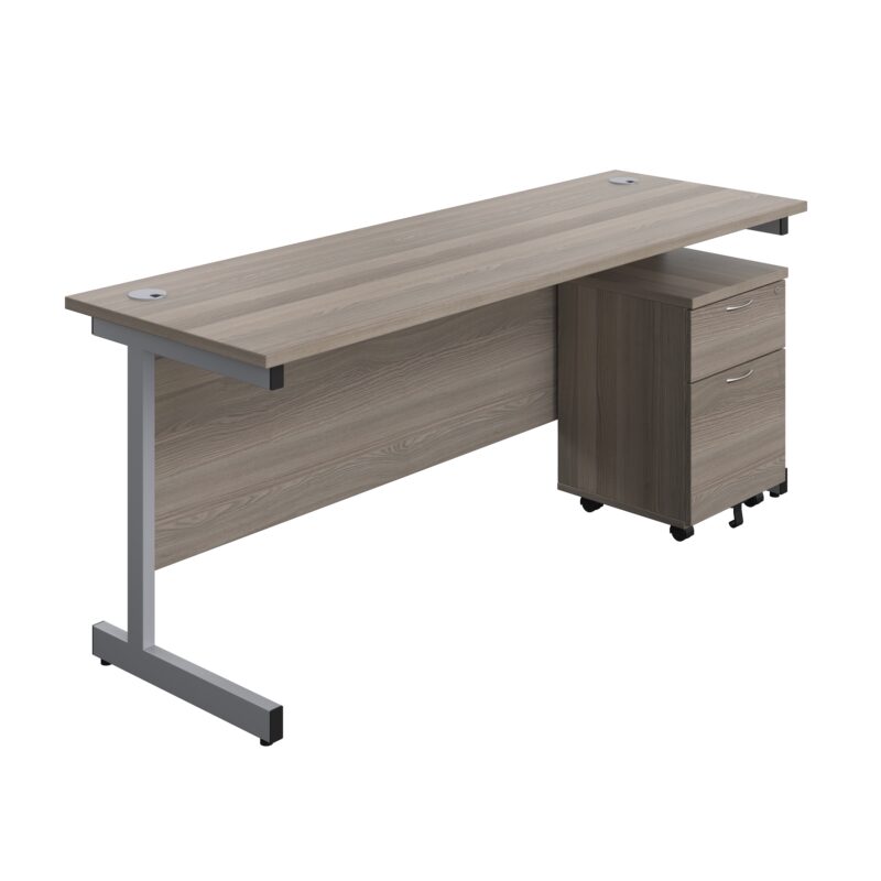 Single Upright Rectangular Desk + Mobile 2 Drawer Pedestal | 1800 X 600 | Grey Oak/Silver