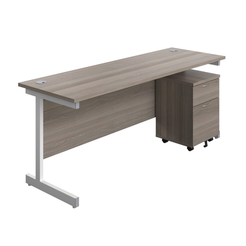 Single Upright Rectangular Desk + Mobile 2 Drawer Pedestal | 1800 X 600 | Grey Oak/White