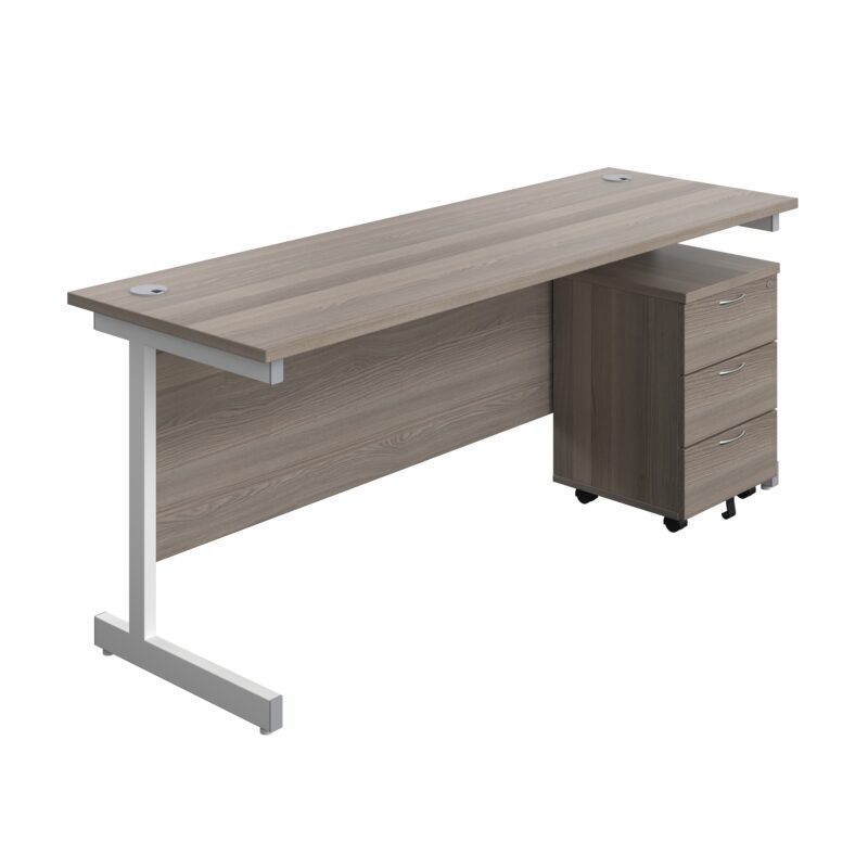 Single Upright Rectangular Desk + Mobile 3 Drawer Pedestal | 1800 X 600 | Grey Oak/White