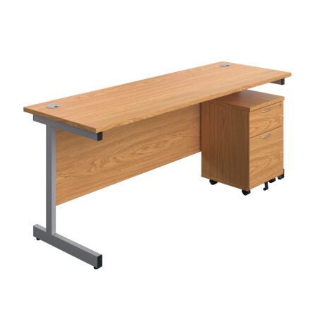 Single Upright Rectangular Desk + Mobile 2 Drawer Pedestal | 1800 X 600 | Nova Oak/Silver