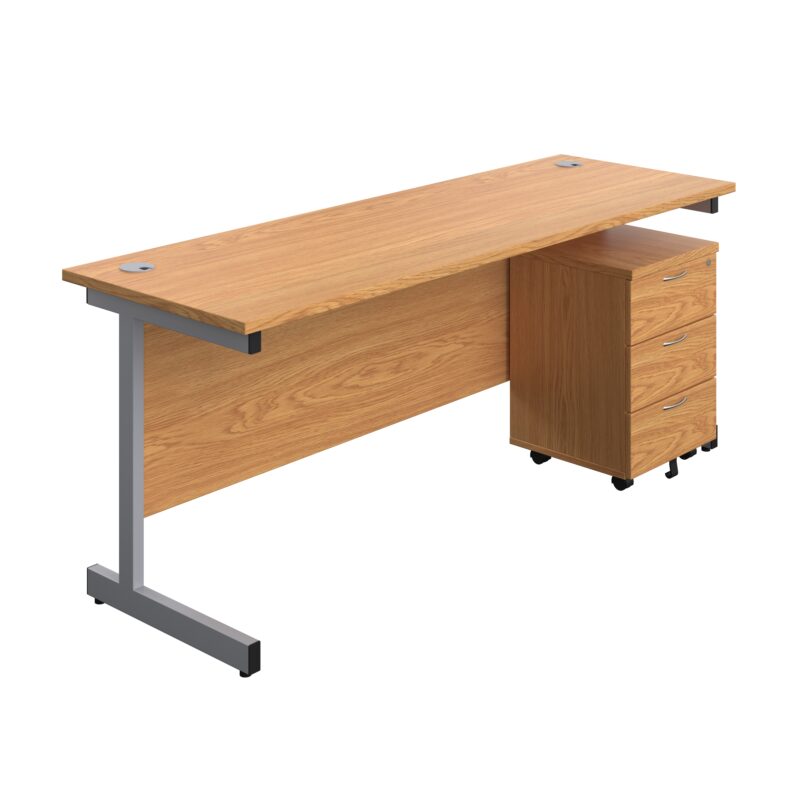 Single Upright Rectangular Desk + Mobile 3 Drawer Pedestal | 1800 X 600 | Nova Oak/Silver