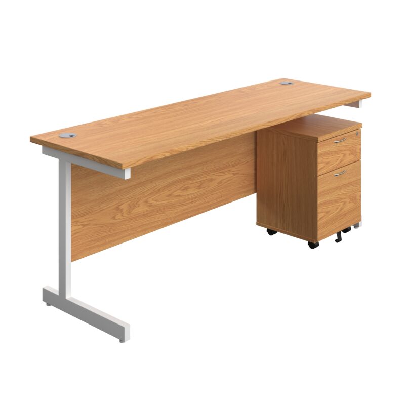 Single Upright Rectangular Desk + Mobile 2 Drawer Pedestal | 1800 X 600 | Nova Oak/White