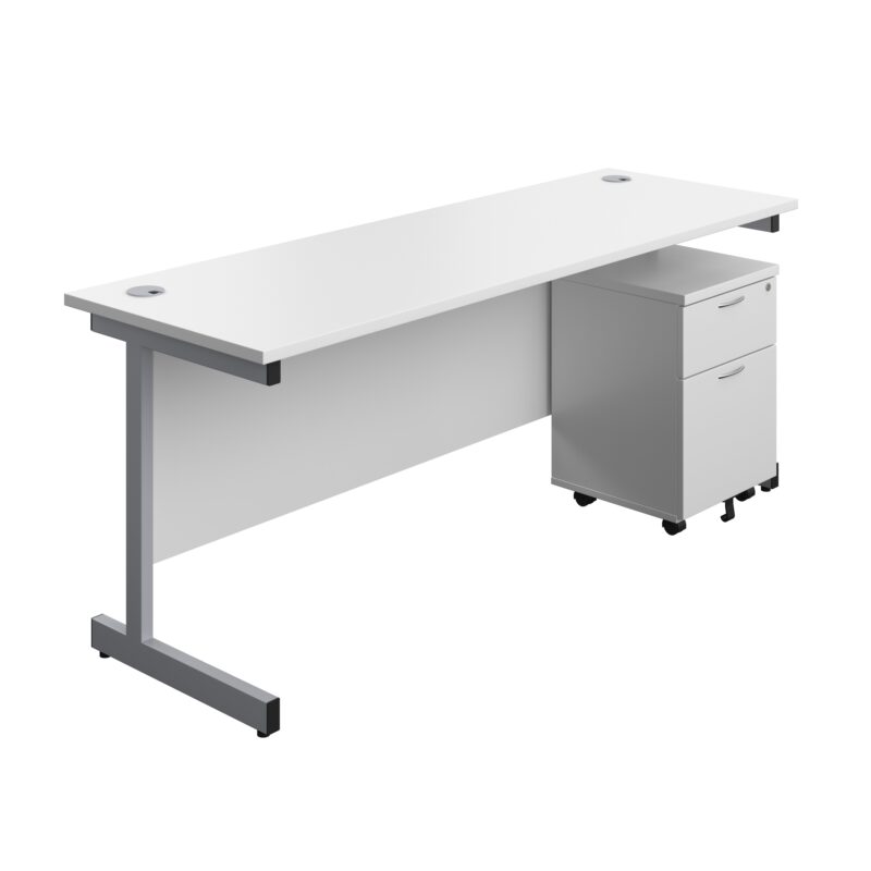 Single Upright Rectangular Desk + Mobile 2 Drawer Pedestal | 1800 X 600 | White/Silver